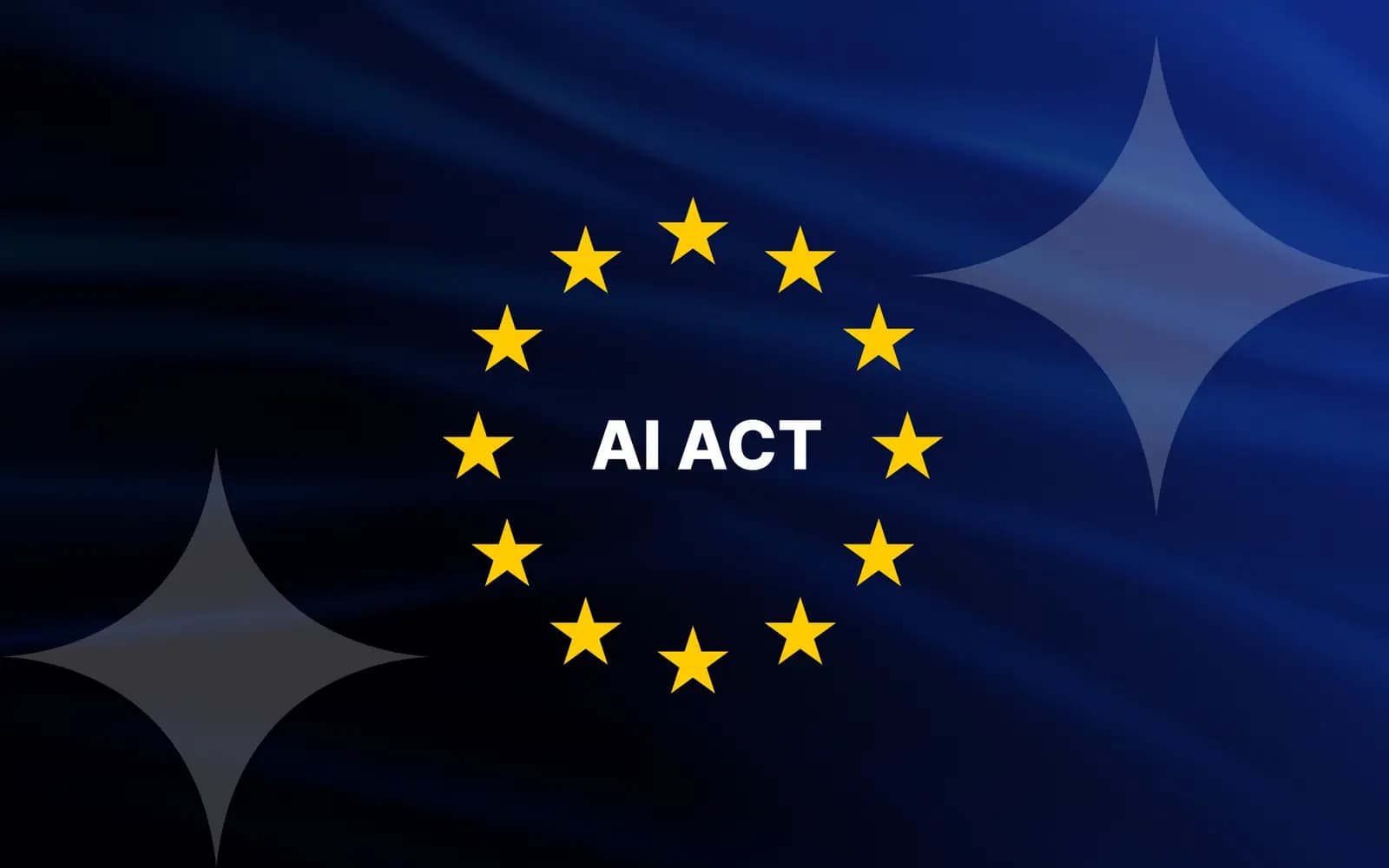 AI Act - okrąg gwiazd UE z napisem AI ACT na tle ciemnoniebieskiej flagi
