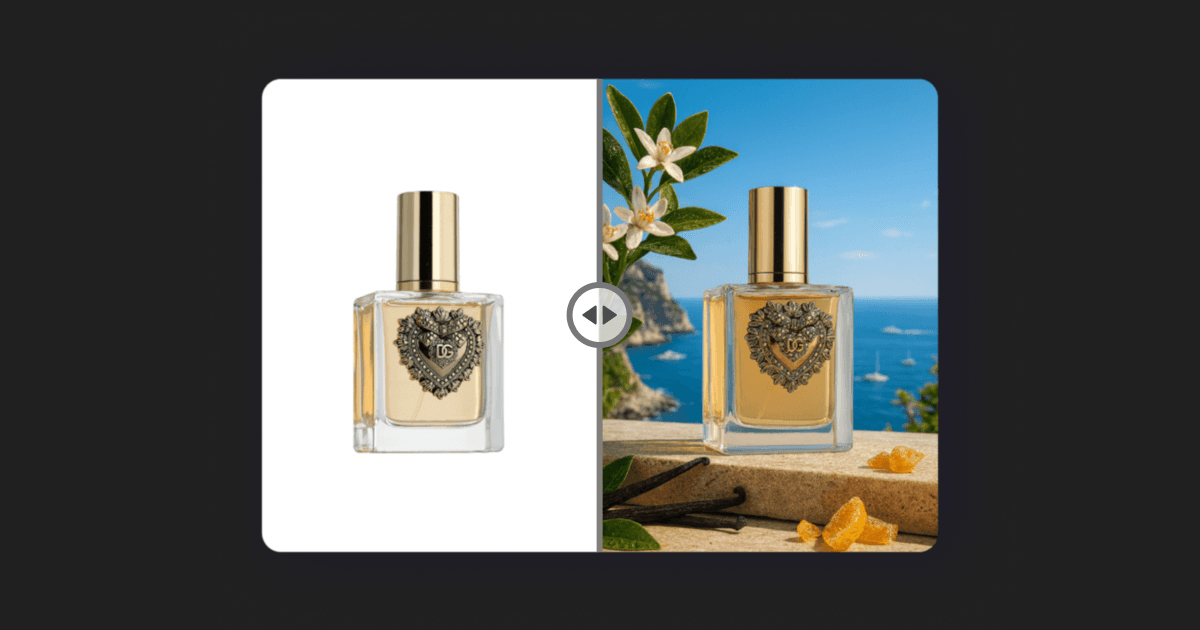 Article banner comparing perfume packshot and AI generative lifestyle photo