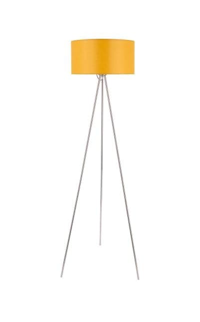 Nowoczesna lampa podłogowa na trójnogu z żółtym cylindrycznym abażurem