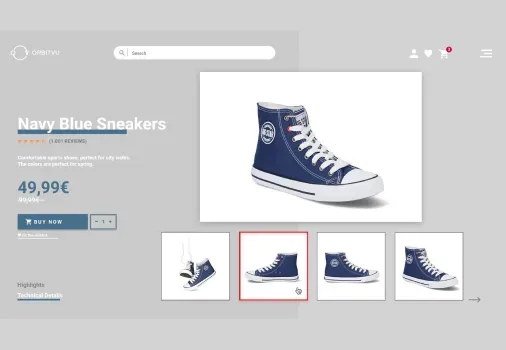 Interfejs strony produktu z granatowymi sneakersami