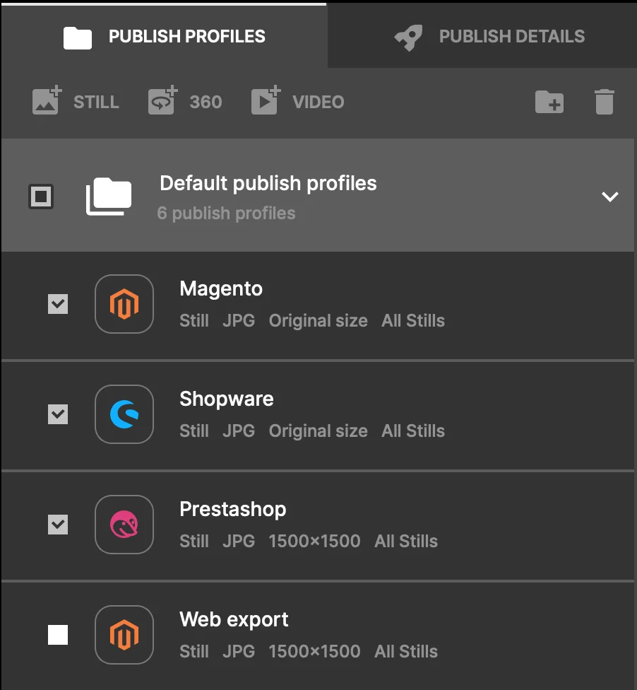 Profile publikacji Orbitvu Station dla Magento, Shopware i PrestaShop