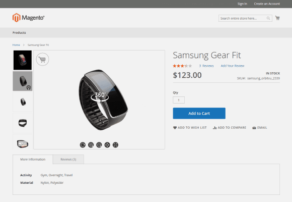 Strona produktu Samsung Gear Fit z widokiem 360 na platformie Magento