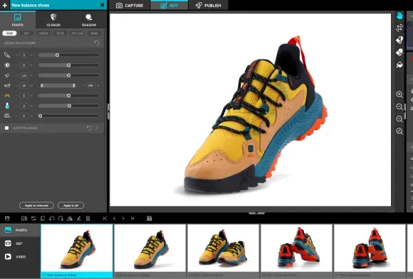 Interfejs edycji obrazu dla żółtych butów trailowych New Balance