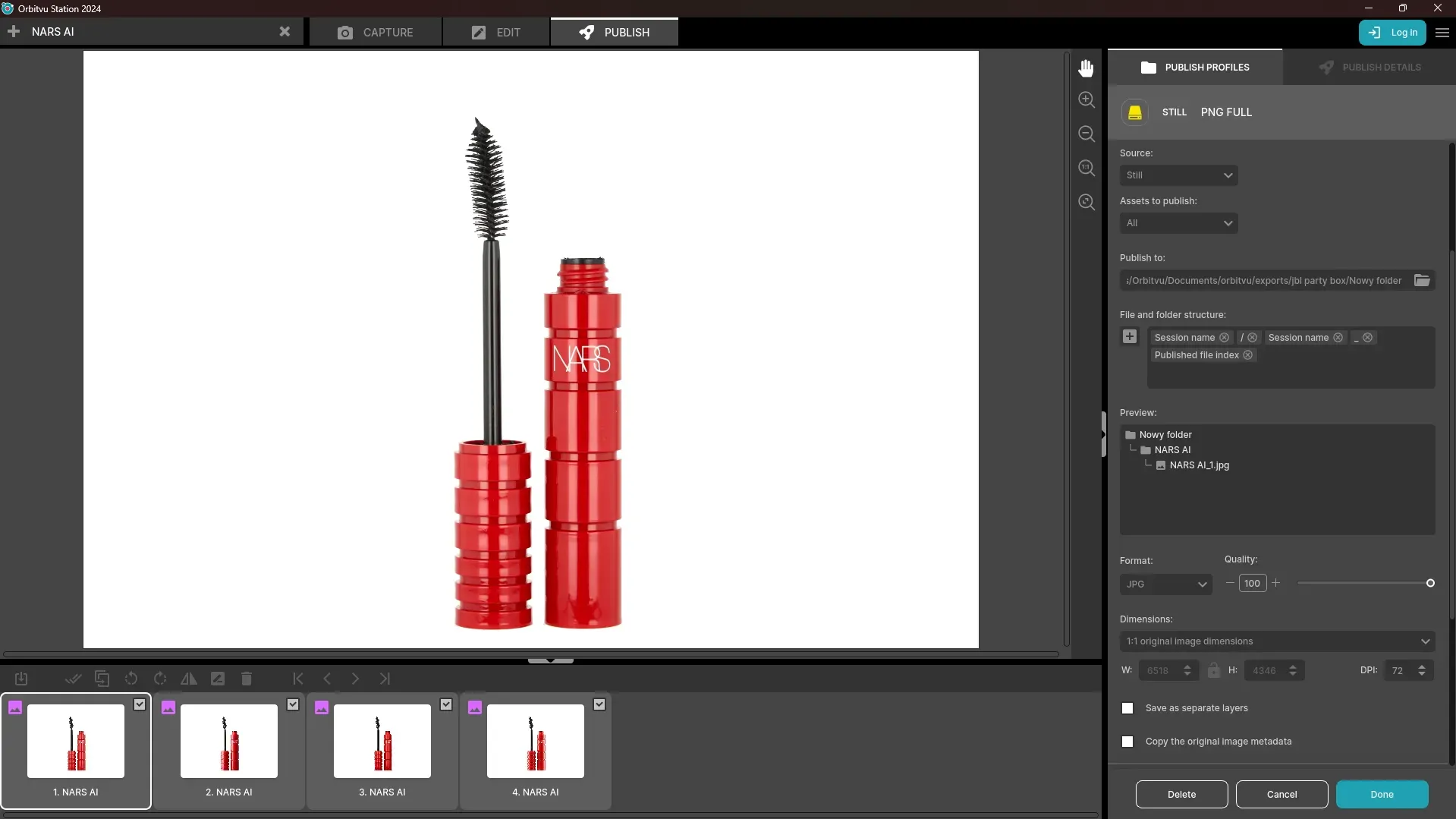 Ustawienia eksportu zdjęć tuszu NARS w oprogramowaniu do fotografii produktowej