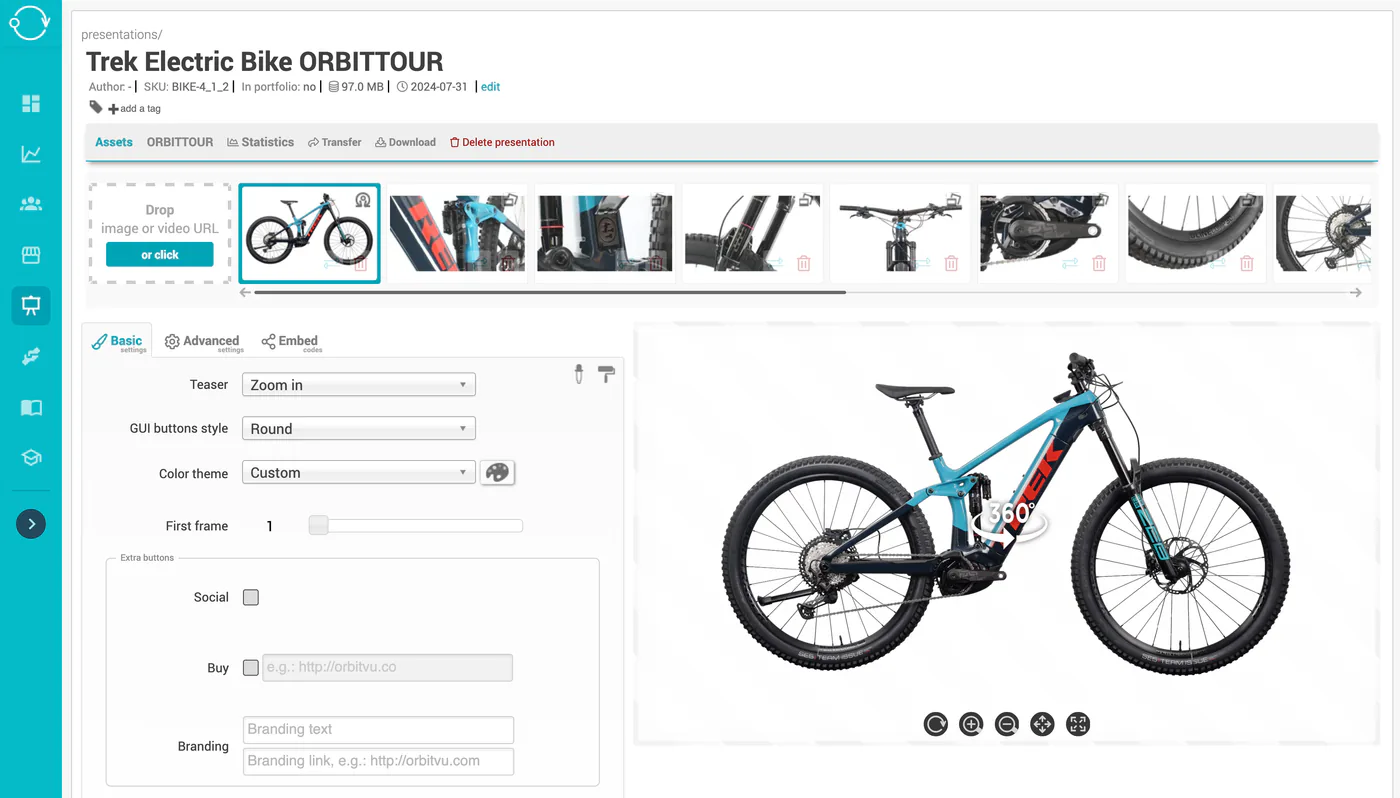 Edytor prezentacji product tour w Orbitvu Cloud z obrotem 360° roweru