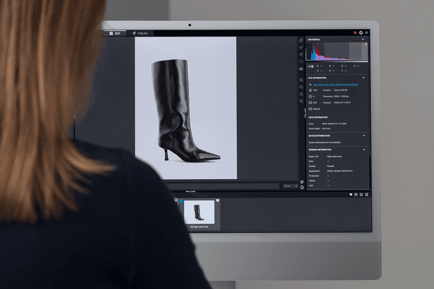 Orbitvu Station Edit view - oprogramowanie do edycji fotografii produktowej z histogramem, metadanymi i informacjami o sesji
