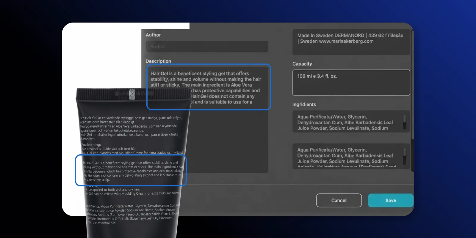AI OCR wyciąga opis produktu i pojemność z etykiety produktowej w Orbitvu Station
