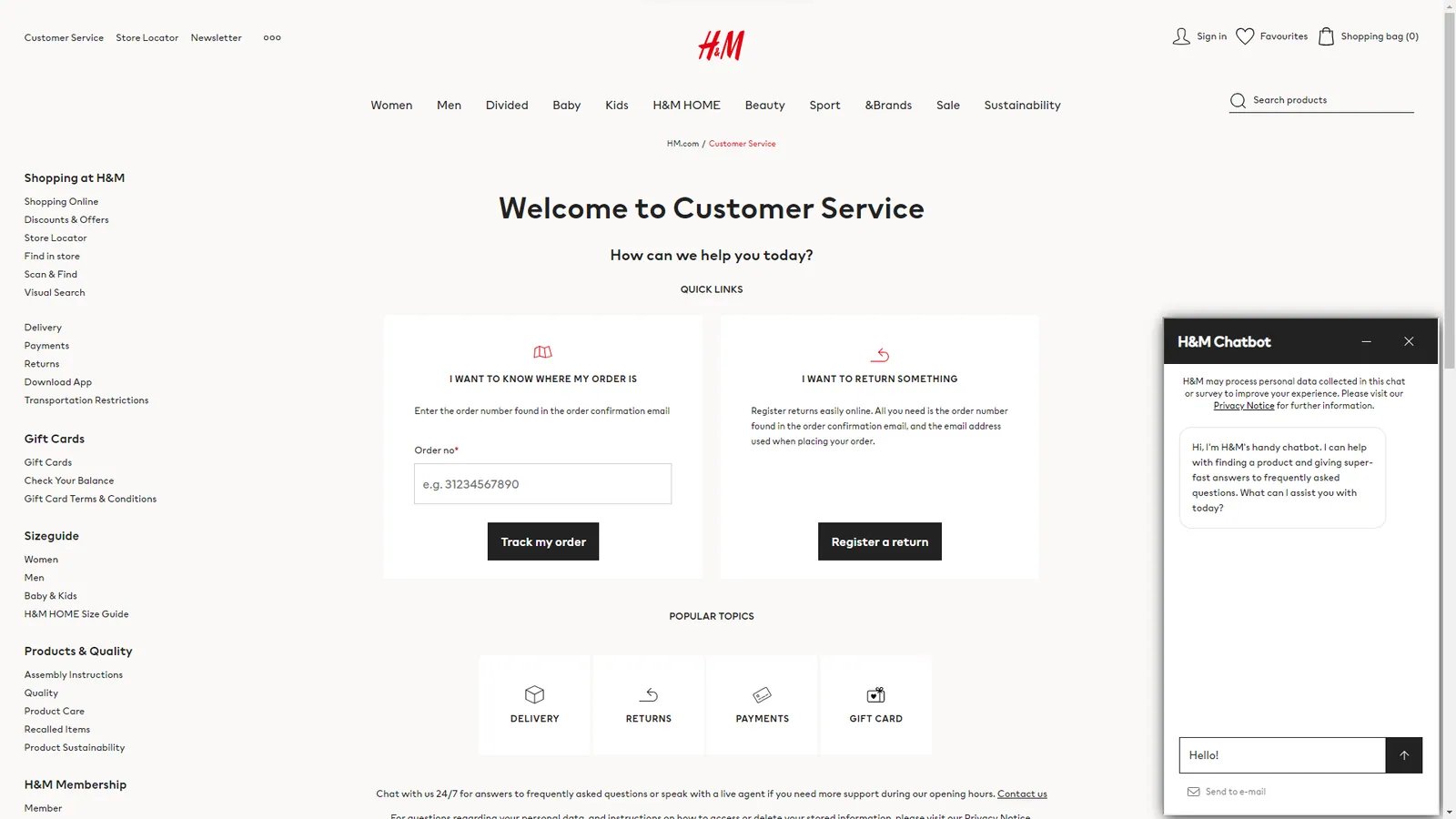 Chatbot w sklepie internetowym H&M