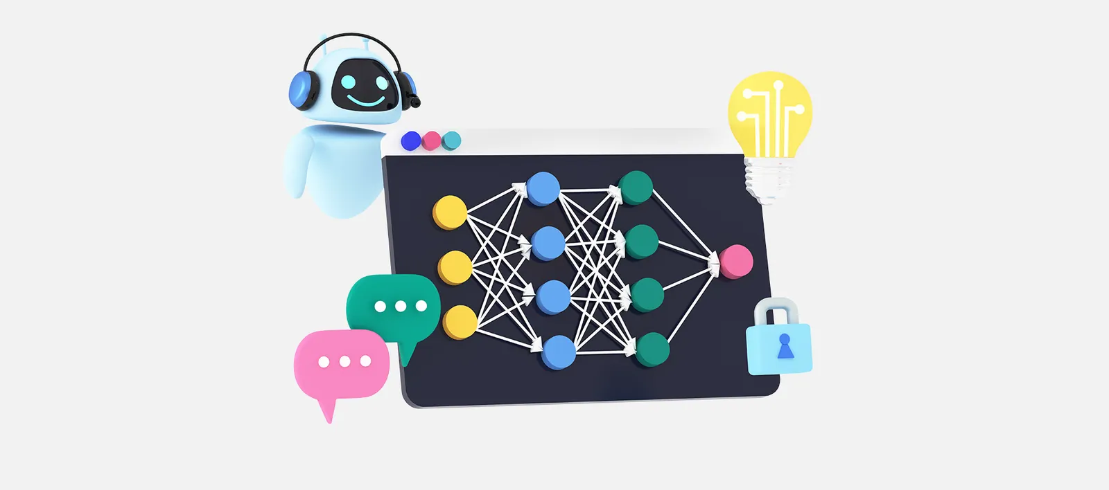 Grafika przedstawiająca chatboty i AI na stronie internetowej