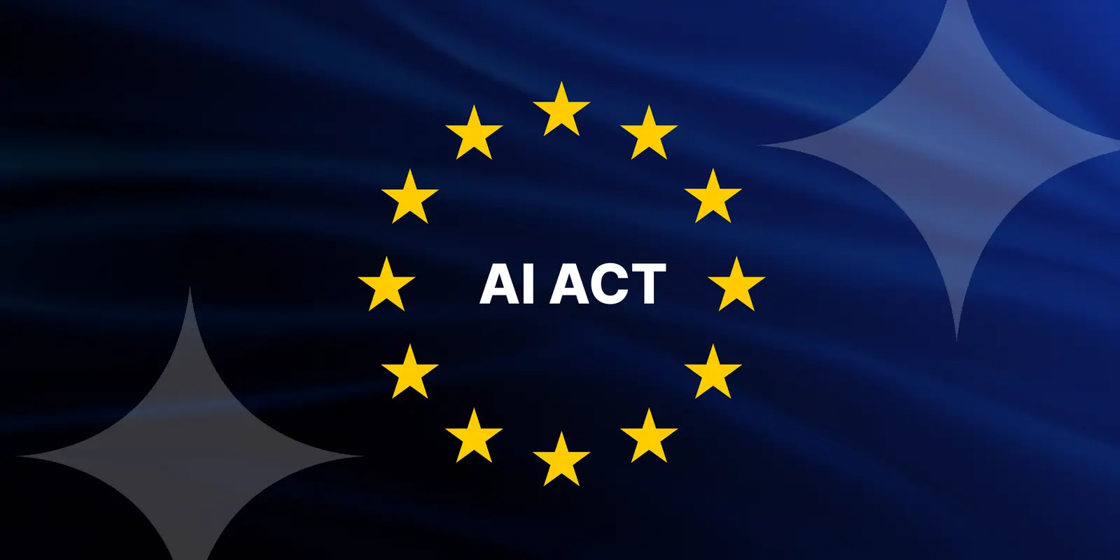 AI Act - okrąg gwiazd UE z napisem AI ACT na tle ciemnoniebieskiej flagi