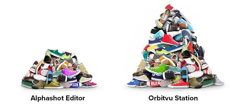 Stos butów sfotografowanych z Alphashot Editor w porównaniu z większym stosem z Orbitvu Station