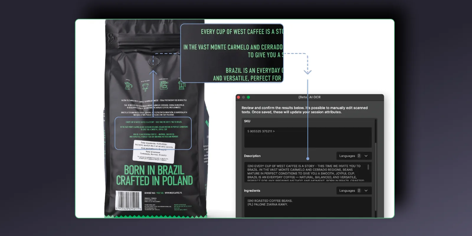 AI OCR w Orbitvu Station odczytuje SKU, opis i skład z opakowania produktu do atrybutów sesji