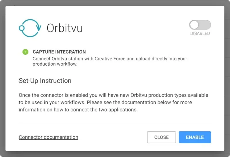 Okno konektora integracji Orbitvu w Creative Force