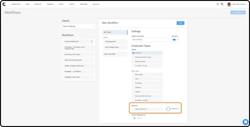 Ustawienia workflow w Creative Force z wybranym typem produkcji Orbitvu