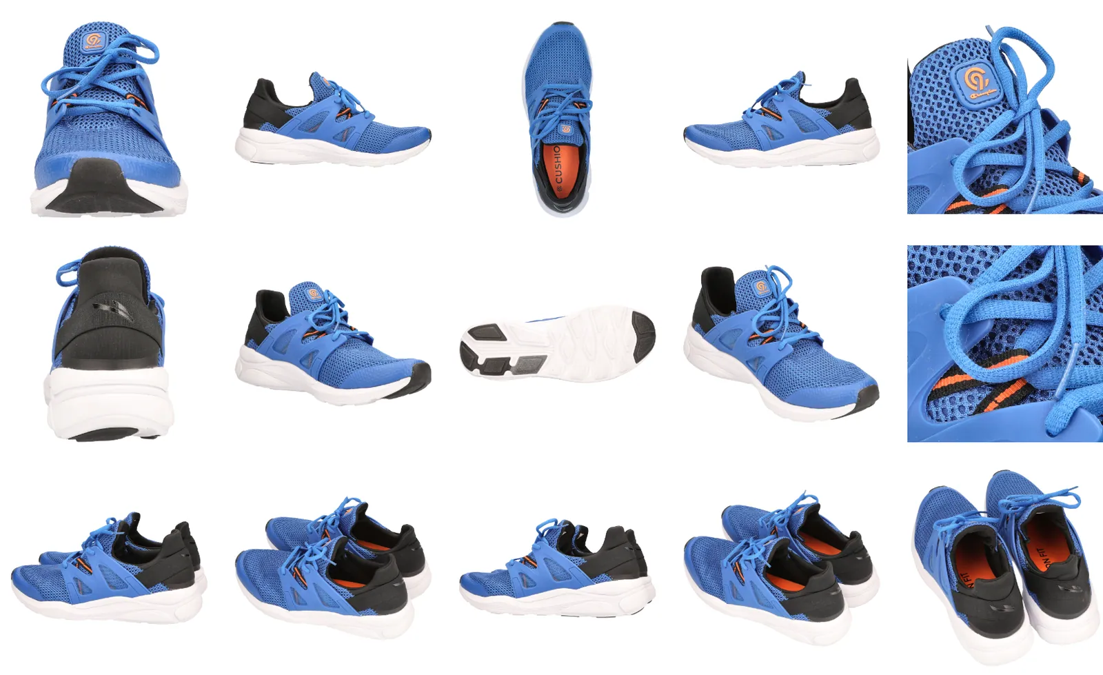 Niebieskie sneakersy sfotografowane pod wieloma kątami